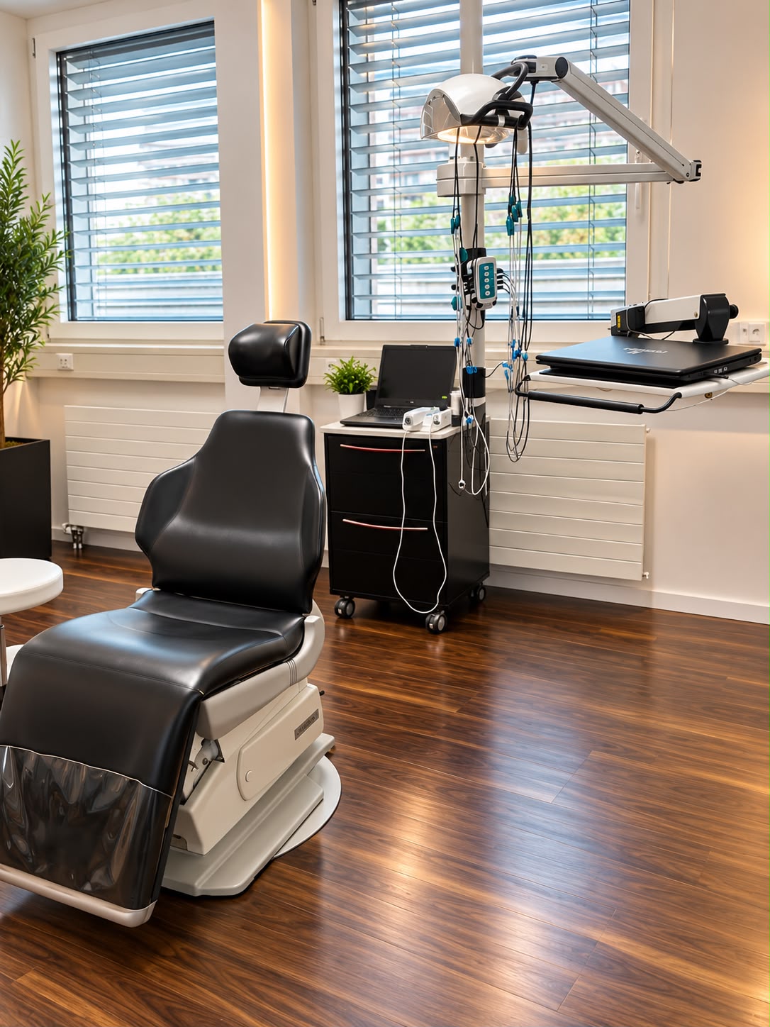 Messraum der CMD-Klinik mit Behandlungsstuhl und EMG-Messkabeln
